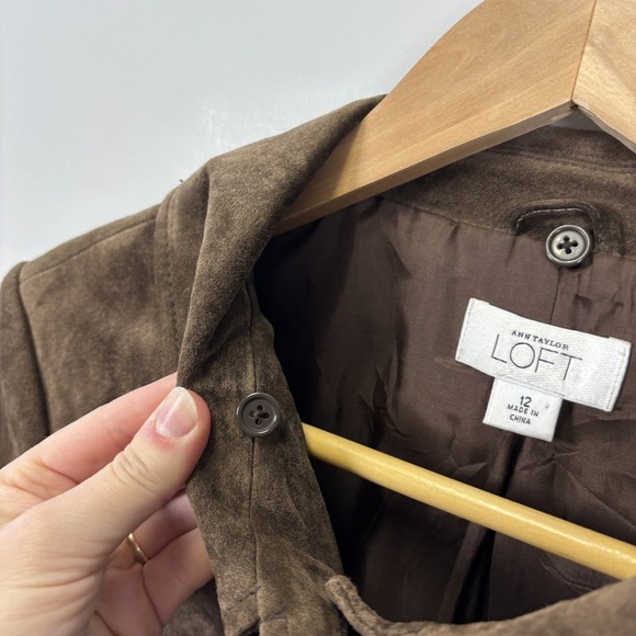 LOFT Brown Genuine Suede Leather Crop Blazer Jacket Women Size 12 Y2K Equestrian - Picture 10 of 16